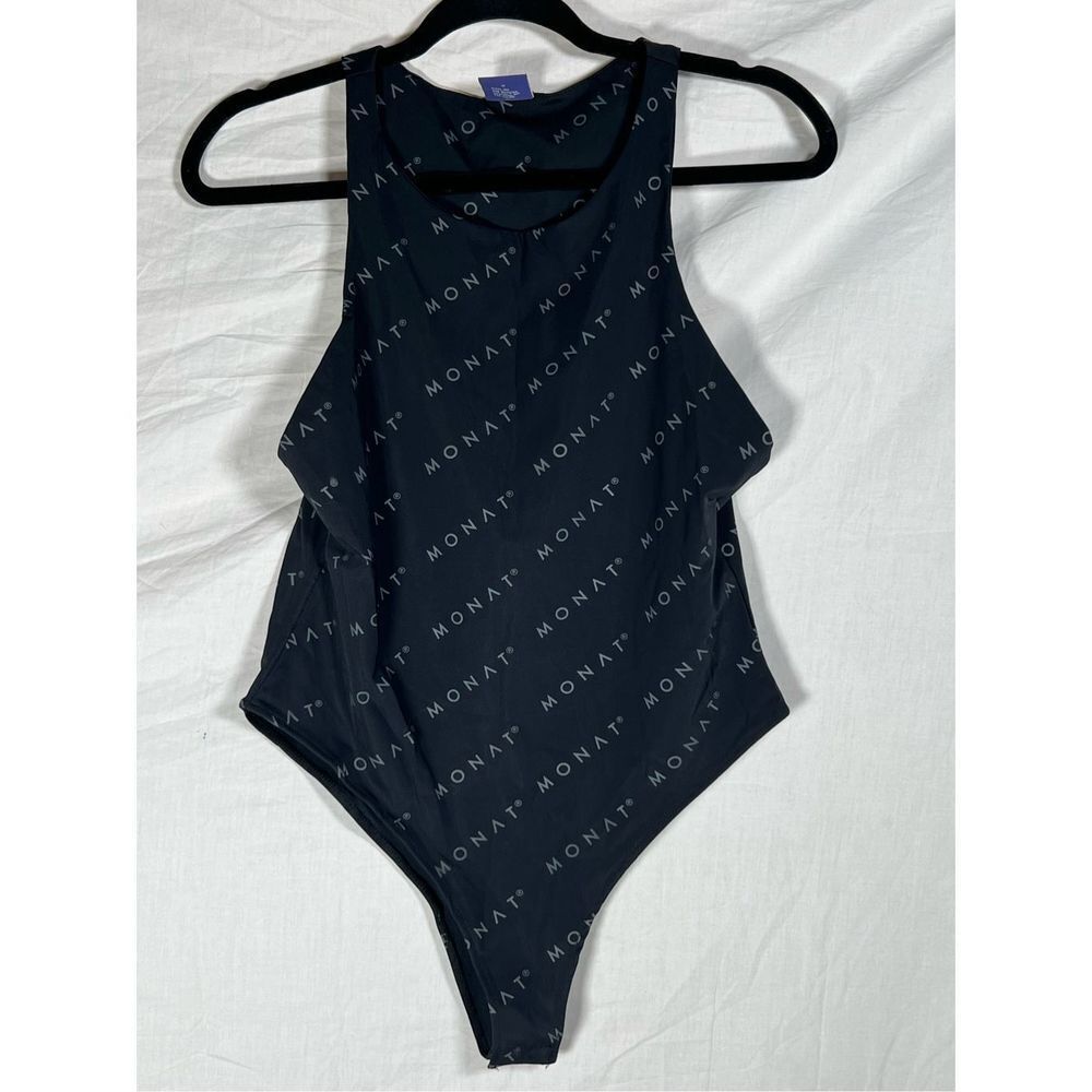 Monat Women’s High Neck All Over Logo Print Bodysuit Black Size Large NW…